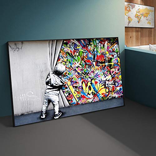 Street Art Banksy Graffiti-Wandkunst hinter dem Vorhang – große Leinwand-Gemälde, schwarz gerahmte Bilder für Wohnzimmer-Dekoration, 85 x 195 cm/33 x 77 Zoll mit schwarzem Rahmen von Yayun Art