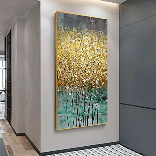 Yayun Art Leinwandgemälde „Goldener Glücksbaum“, abstrakte Malerei, Wandkunst für Wohnzimmer, große Größe, moderne Landschaftsdekoration, 70 x 150 cm, mit goldenem Rahmen von Yayun Art