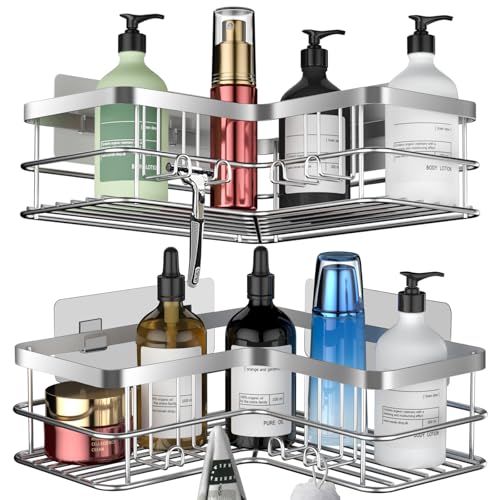 Yazoni Duschablage Ohne Bohren 2 Stück - Duschregal Ecke mit Haken, Duschablage Edelstahl für Badezimmer und Küche (Silber) von Yazoni