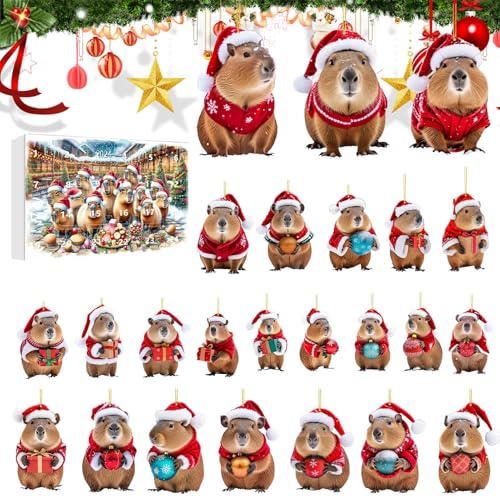 Yaztauho 24 Tage Capybara Adventskalender Weihnachtskalender | 24 Türchen Countdown Bis Weihnachten - Capybara 2D Acryl Dekoanhänger Für Baum Wand Tür Fenster Deko Kinder Erwachsene von Yaztauho