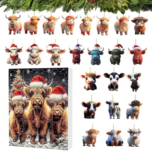 Yaztauho Adventskalender Kinder,Adventskalender 2024,Highland Cow 24 Tage Weihnachtsschmuck - Weihnachtsschmuck in Großpackung, Weihnachts-Countdown-Kalender für die Familie von Yaztauho