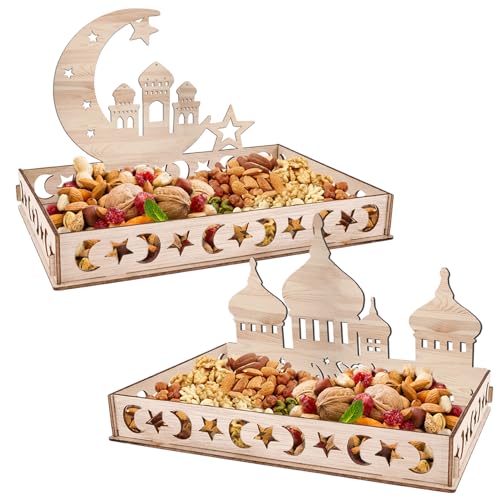Ramadan Teller Eid Mubarak Tablett Holztablett Tischdeko für Dessertsnacks Serviertablett mit Mond und Stern Muster Ramazan Deko für Eid-Tische und Kareem Partei (2PCS) von Ycaaeo