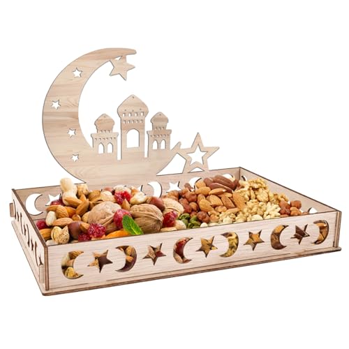 Ramadan Teller Eid Mubarak Tablett Holztablett Tischdeko für Dessertsnacks Serviertablett mit Mond und Stern Muster Ramazan Deko für Eid-Tische und Kareem Partei (Mondschloss) von Ycaaeo