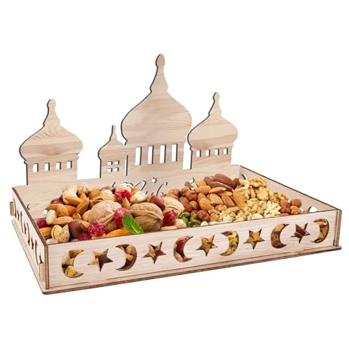 Ramadan Teller Eid Mubarak Tablett Holztablett Tischdeko für Dessertsnacks Serviertablett mit Mond und Stern Muster Ramazan Deko für Eid-Tische und Kareem Partei (Schloss) von Ycaaeo