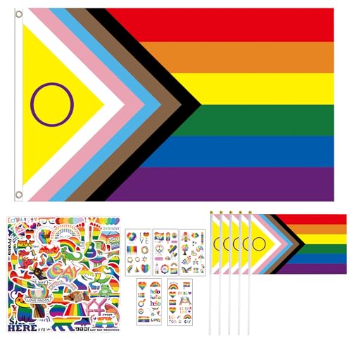 Progress Pride Flag + 5 Handheld Progress Pride Flagge + 50 PRide Sticker + 5 Tattoo-Aufkleber, Regenbogen Flagge, LGBTQ PRide FLagge Set, Regenbogen PRide Flag, LGBTQ FLag Progress Pride Flag + 5 Handheld Progress Pride Flagge + 50 PRide Sticker + 5 Tattoo-Aufkleber, Regenbogen Flagge, LGBTQ PRide FLagge Set, Regenbogen PRide Flag, LGBTQ FLag von Ycaaeo