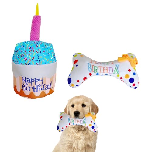 YceLon 2 Stück Hund Geburtstag Spielzeug Set, Weiches Quietschendes Hundegeburtstag Geschenk mit Plüschtorte & Knochen, Sicher für Welpen von YceLon