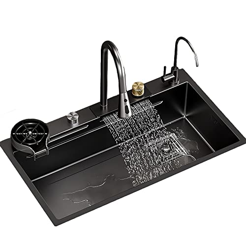 Küchenspüle Schwarz waschbecken Flying Rain-Wasserfall-Waschbecken Unterbau mit ausziehbarem Wasserhahn, Schneidebrett, Tassenspüler für die Waschküche zu Hause, Garage, Bar, Restaurant ( Size : 68*43 von Yclty