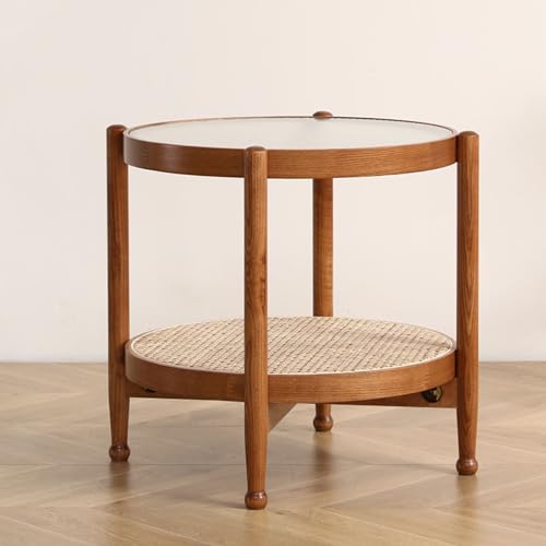 Runder Couchtisch Aus Holz mit Rattan-Ablagefach, 2-stöckiger Boho-Mid-Century-Modern-Glasplatte-Snack-Teetisch, Cocktailtisch, Sofatisch für Wohnzimmer und Schlafzimmer ( Color : Walnut , Size : 55x5 von Yclty