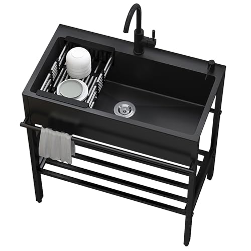 Spülbecken Edelstahl Schwarz Küchenspüle Waschbecken Küche Kitchen Sink Ausgussbecken Freistehendes Spültisch Mobiles Waschtisch mit Armaturen + Abfluss Spülenschrank für Keller Camping Outdoor (Size von Yclty