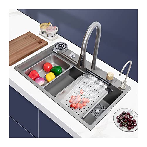 Spülbecken Schwarz Küchenspüle Fliegende Regenspüle Waschbecken Single Bowl Kitchen Sink Edelstahlspüle Einbauspüle Spüle Küche mit Glasspüler/Cup Washer, ausziehbarem Wasserhahn, 3 Größen, 5 Farben ( von Yclty