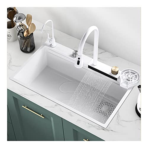 Spülbecken Schwarz Küchenspüle Fliegende Regenspüle Waschbecken Single Bowl Kitchen Sink Edelstahlspüle Einbauspüle Spüle Küche mit Glasspüler/Cup Washer, ausziehbarem Wasserhahn, 3 Größen, 5 Farben ( von Yclty