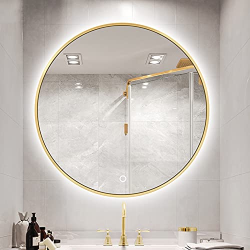 Yclty LED Badezimmerspiegel mit Schwarz/Goldenem Metallrahmen - Runder Dimmbarer Kosmetikspiegel (Hintergrundbeleuchtung) (Color : Golden Frame, Size : 60cm) von Yclty