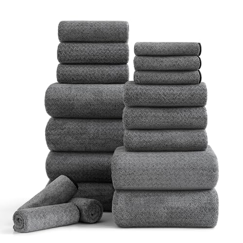 Ycosy 18-teiliges Badetuch-Set, 100 % Mikrofaser, Familien-Badezimmer-Handtuch mit Aufhängeschlaufen, 6 Badetücher, 6 Handtücher, 6 Waschlappen, schnell trocknend, sehr saugfähig, Duschtuch für von Ycosy
