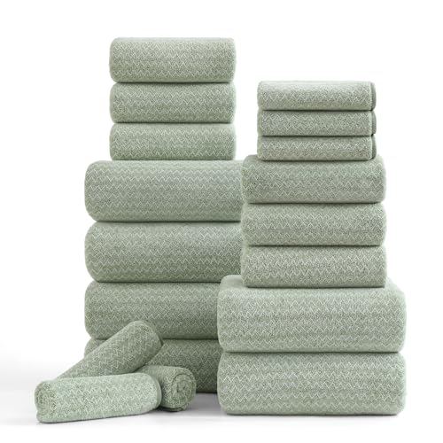 Ycosy 18-teiliges Badetuch-Set, 100 % Mikrofaser, Familien-Badezimmer-Handtuch mit Aufhängeschlaufen, 6 Badetücher, 6 Handtücher, 6 Waschlappen, schnell trocknend, sehr saugfähig, Duschtuch für von Ycosy