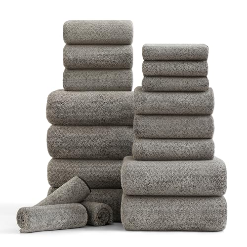 Ycosy 18-teiliges Badetuch-Set, 100 % Mikrofaser, Familien-Badezimmer-Handtuch mit Aufhängeschlaufen, 6 Badetücher, 6 Handtücher, 6 Waschlappen, schnell trocknend, sehr saugfähig, Duschtuch für von Ycosy