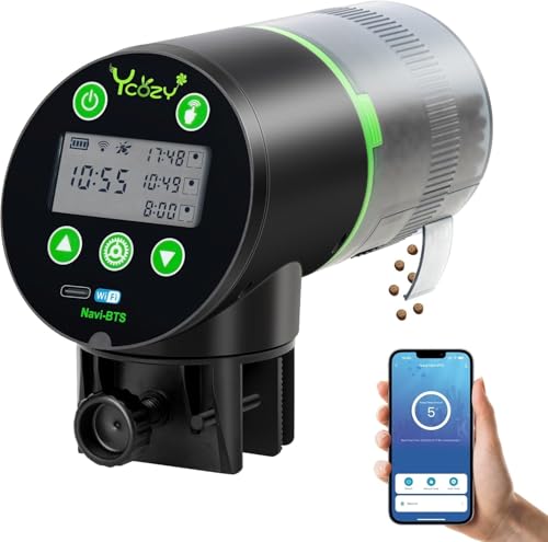 Ycozy WiFi Futterautomat Aquarium, Steckernetzteil Fischfutter Automat mit EU-Stecker und USB-C-Kabel, Gesteuerter Timer Futterautomat Fische mit LCD Display Futterautomaten für Aquarium Navi-BTS von Ycozy