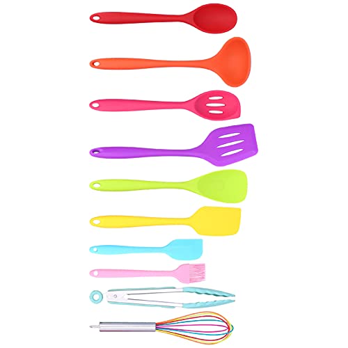 Yctze 10pcs Silikonküchenutensilien Set - Nicht -Schicht Kochwerkzeuge mit Edelstahlgriffen Zum Backen und Kochen (Buntes Silikon 10-teiliger Set (einschließlich) von Yctze