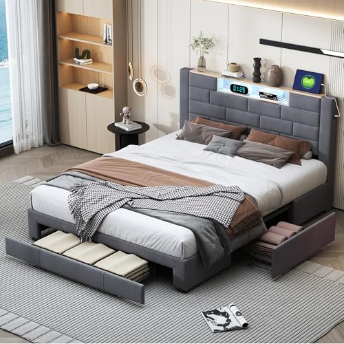 Ycz 160 x 200 cm Upholstered Double Bed. Equipped with USB - Connected LEDs, Three Drawers, a Storage Trunk, and a headboard with Storage Space. The Bed is von Ycz