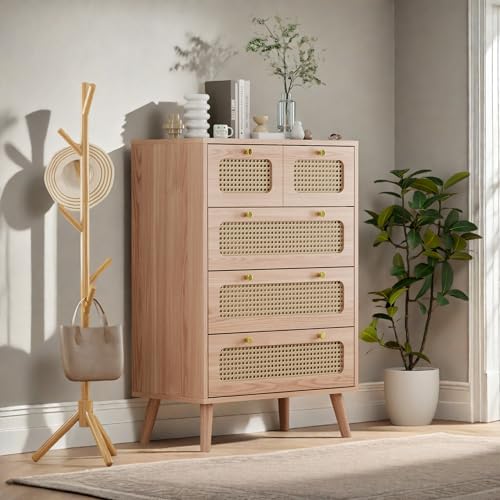 Ycz Commode Verticale à 5 tiroirs en rotin de 60 cm Avec tiroirs, Commode de Rangement en Bois, Commode de Rangement Verticale Pour Chambre à Coucher, entrée, FDES von Ycz