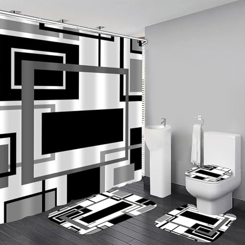 Yddsky 4 Stück Schwarze geometrische Duschvorhang-Sets rutschfeste Badteppiche, WC-Abdeckung, U-förmige Matte, Abstrakter geometrischer moderner Duschvorhang mit 12 Haken Yddsky 4 Stück Schwarze geometrische Duschvorhang-Sets rutschfeste Badteppiche, WC-Abdeckung, U-förmige Matte, Abstrakter geometrischer moderner Duschvorhang mit 12 Haken von Yddsky