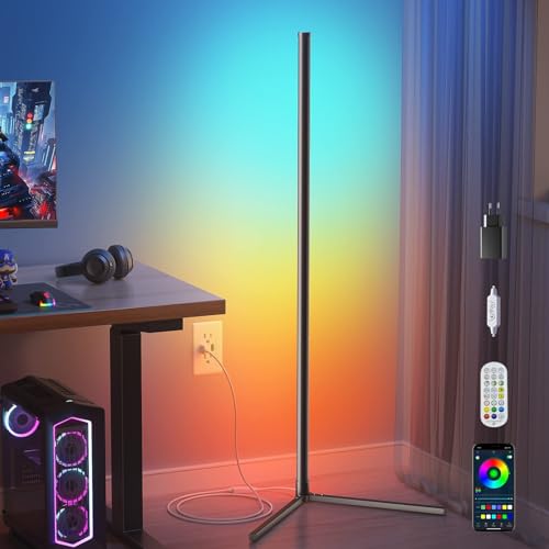 Ydene RGB Stehlampe Wohnzimmer schwarz, 125CM LED Standleuchte, abnehmbar Ecklampe Wohnzimmer, App-Steuerung, ecke Stehlampe dimmbar mit Fernbedienung, 213 Modi Sync mit Musik für zuhause von Ydene