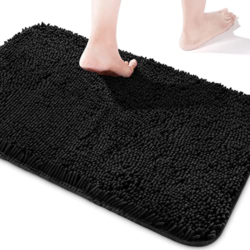 Yeaban Chenille-Badezimmerteppiche, rutschfest, dicker Plüsch-Badvorleger, saugfähig, waschbar, Badteppiche für Badezimmer, Dusche, Waschbecken, Teppich (Schwarz, 66 x 111,8 cm) von Yeaban