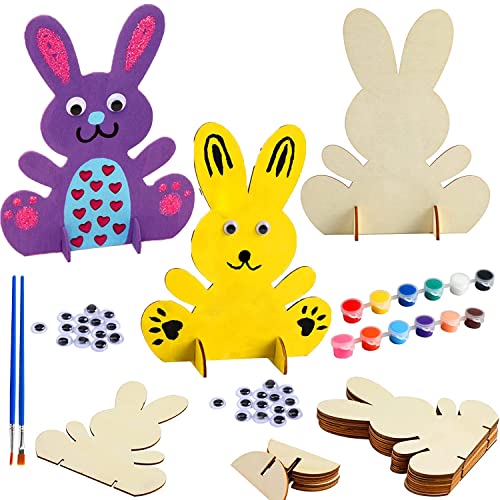 12 Stück Hasen aus Holz zum Bemalen,DIY Ostern Holz Hase,Ostern Holz zum Malen,Osterhase Kinder Bastelsets mit Selbstklebend Puppe Augen und Bemaltes Set, für Kinder Ostern und Frühling zum Dekorieren von YeahBoom