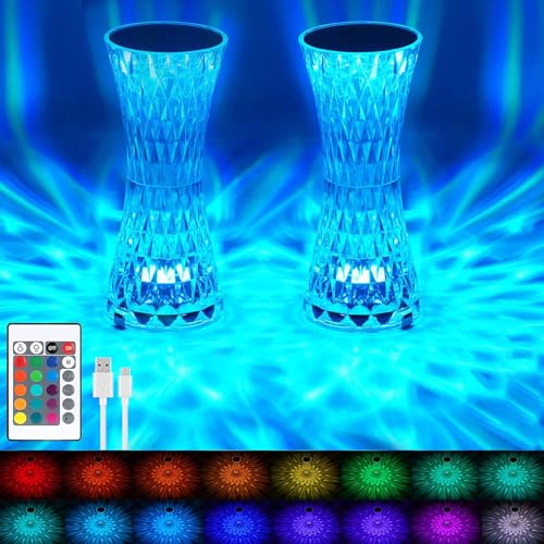 YeahBoom 2 Stück LED Kristall Tischlampe,2000mAh 16 Farben Touching Control Rose Crystal Lampe,Nachttischlampe Touch Dimmbar mit Fernbedienung,RGB Farbwechsel Nachtlicht für Schlafzimmer Wohnzimme von YeahBoom