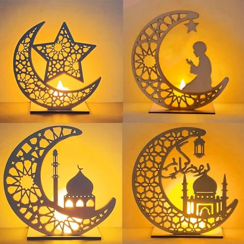 4 Stück Ramadan Holz Lichter Dekoation,Ramadan Dekoration Lichter,Ramadan Holz DIY Lampe Licht,Holz Eid Mubarak Tischdekoration,Eid Mubarak Tischdekoration Mond Stern Nachtlichter (Mondlampe-4pcs-B) von YeahBoom