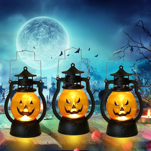 Halloween Laterne,3 Stücke Halloween Deko Kürbis Laterne,Tragbare Kürbislaterne,Kürbislaterne,Herbst Draußen Baum Hängedeko Licht,für Drinnen und Draußen Kleine Laternen Dekorationen von YeahBoom