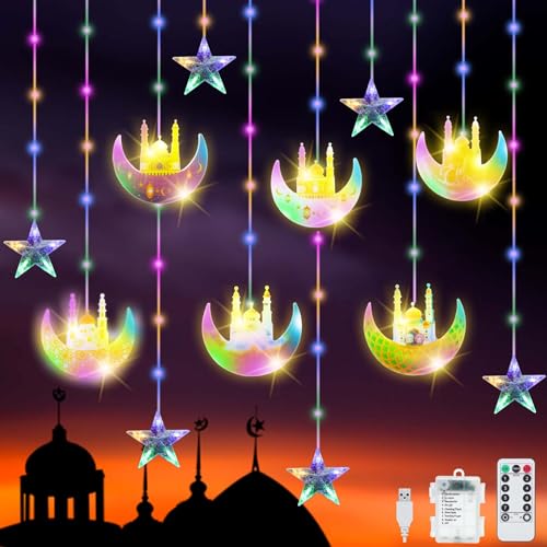 YeahBoom 114 LED Ramadan Licht Stern Mond Lichterketten,3m Sterne Mond und Schloss Ramadan Deko Licht,Eid Mubarak Licht LED mit 8 Blinkenden Modi & Fernbedienung,Batterie & USB betriebene Lichterkette von YeahBoom