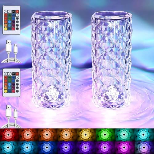 YeahBoom 2 Stück LED Kristall Tischlampe,2000mAh 16 Farben Touching Control Rose Crystal Lampe,Nachttischlampe Touch Dimmbar mit Fernbedienung,RGB Farbwechsel Nachtlicht für Schlafzimmer Wohnzimme von YeahBoom