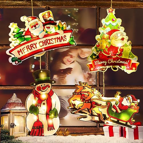 YeahBoom 4er Set Saugnapf Weihnachten Lichter, Doppelseitige Farbe LED Weihnachtsbeleuchtung, Fensterlicht Mit Timer, Batteriebetrieben (Ohne Batterie), für Weihnachtsdeko von YeahBoom