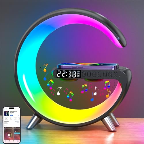 YeahBoom Nachttischlampe mit Uhr und Ladestation,Atmosphärenlampe,Tischlampe mit Bluetooth Lautsprecher,Intelligente LED Tischlampe,Touch Dimmbar,App Steuerung,Mit Musiksynchronisierung,Alarm Clock von YeahBoom