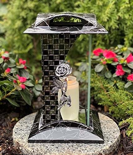 Yeahitch Grablicht mit Rose Motiv - Schwarz - Silber Effekt - Handgemalt - Grabkerze Grabdekoration Grabschmuck - Gartenlampe (HxBxT): ca. 27 x 16 x 16 cm von Yeahitch