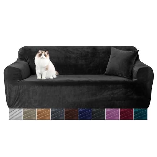 Yeahmart Dicke Sofabezüge, 1/2/3/4-Sitzer, reine Farbe, Sofaschutz, Samt, einfache Passform, elastischer Stoff, Stretch-Couchbezug (schwarz, 2-Sitzer, 145-185 cm) von Yeahmart