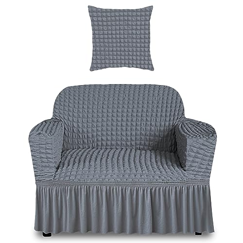 Yeahmart Sofa Schonbezug 1 Stück Couch Sofabezug mit Rock, langlebig waschbar hochelastisch dehnbar, einfach zu montieren, universeller Möbelschutz mit 1 Kissenbezug (1 Sitzer, Hellgrau) von Yeahmart