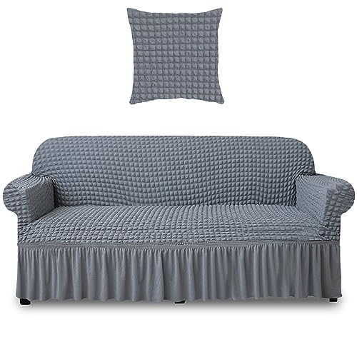Yeahmart Sofa Schonbezug 1 Stück Couch Sofabezug mit Rock, langlebig waschbar hochelastisch dehnbar, einfach zu montieren, universeller Möbelschutz mit 1 Kissenbezug (3 Sitzer, Hellgrau) von Yeahmart