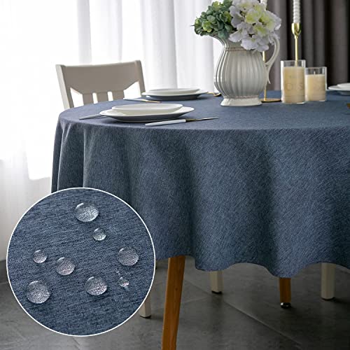 Yeahshion Runde Tischdecke Fleckabweisend Blau Φ120cm, wasserdichte Tischdecke Polyester-Leinen-Optik für Tisch, Esszimmer, Restaurant Schutz (Blau, Φ120cm) von Yeahshion