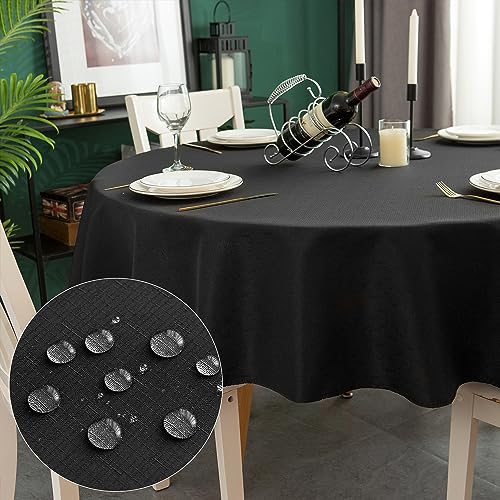 Yeahshion Runde Tischdecke Fleckabweisend Schwarz Φ150cm, wasserdichte Tischdecke Polyester-Leinen-Optik für Tisch, Esszimmer, Restaurant Schutz (Schwarz, Φ150cm) von Yeahshion