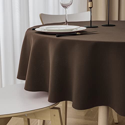 Yeahshion Schmutzabweisende Runde Tischdecke Braun Φ150cm, wasserdichte Tischdecke aus Polyester mit Gewelltem Rand für Tisch, Essen, Restaurant von Yeahshion