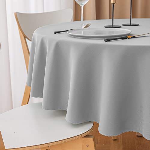 Yeahshion Schmutzabweisende Runde Tischdecke Hellgrau Φ120cm, wasserdichte Tischdecke aus Polyester mit Gewelltem Rand für Tisch, Essen, Restaurant von Yeahshion