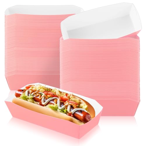 Yeaqee 100 Stück 17,8 cm Papier Hot Dog Tabletts Einweg-Papier Lebensmittel Nacho Boote Hot Dog Halter Hot Dog Teller Einweg-Serviertabletts für Karneval, Partys, Abendessen, Kochen (Pink) von Yeaqee
