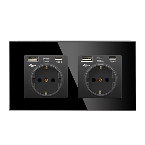 2 Fach Steckdose Glas Steckdose, 16Amp Glas Steckdose mit USB Ports,Unterputz Schutzkontakt Wandsteckdose,Verlängerungssteckdosen, Unterputzdose Schutzkontakt Steckdose (Schwarz-Doppelsteckdose A+C) von Yearninglife