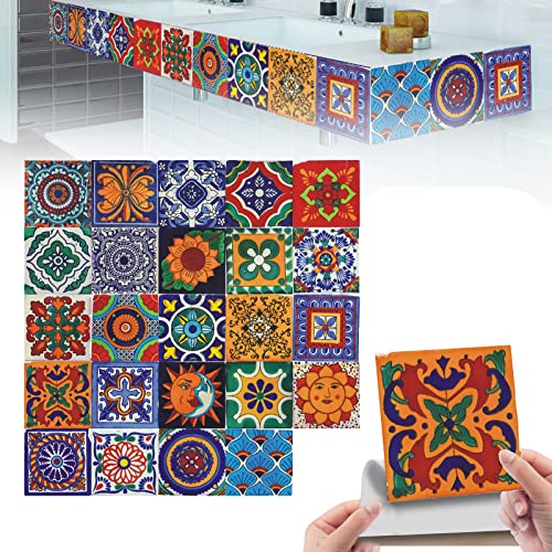 Mosaik Küche Wandaufkleber Bodenaufkleber,DIY Marokkanischer Fliesenaufkleber für Badezimmer,Selbstklebende Treppenaufkleber Bunt Wandfliese Aufkleber Tile Stickers für Wandfliesen (24 Stücke 20*20cm) von Yearninglife