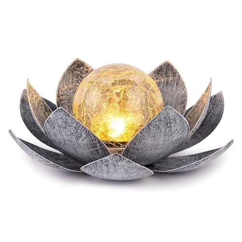 Solarlampen für Außen Garten Lotus, Dekorative Solar Lotusblüte aus Metall mit Crack Glas Kugel, LED Solar Lotus Laterne Lotusblüte Solarlampe, Licht Solar Gartenleuchten für Außen Wasserdichtl von Yearninglife