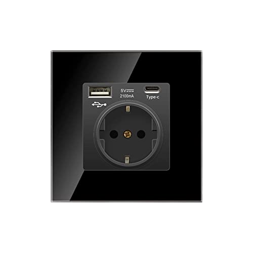Steckdose mit USB,16A Glas Steckdosen Mit Schnelles Laden USB, 1 -Fach,Unterputz Schutzkontakt Wandsteckdose Steckdose Ladegerät für Handys (Einzelsteckdose A+C -Schwarz) von Yearninglife