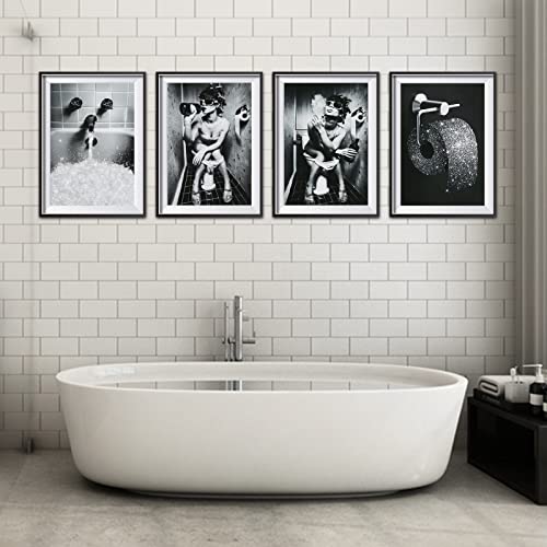 Yearninglife Badezimmer Bilder Set, 4 Teilig Schwarz Weiß Modebewusste Dame Bilder Set, Vintage Leinwand Bilder Poster Toilette Heimdekoration, Wohnkultur -Ohne Rahmen (30X40cm*4PCS) von Yearninglife