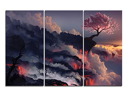 3 Teiligs Bild Vulkan,Wolke Nebel Berge und BaumDer Leinwand Bilder,Wandbilder Wohnzimmer Leinwandbild Modern Kunstdruck für Schlafzimmer Wanddeko (Bereit zu Hängen) von Yeawin