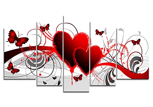 5 Teiligs Bild Rote Liebe,Schmetterling Leinwand Bilder,Moderne Zusammenfassung Wandbilder Wohnzimmer Leinwandbild Modern Kunstdruck für Schlafzimmer Wanddeko (Bereit zu Hängen) von Yeawin